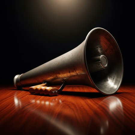 A classic silver megaphone rests on a gleaming wooden table, illuminated by a spotlight creating a striking contrast.の素材