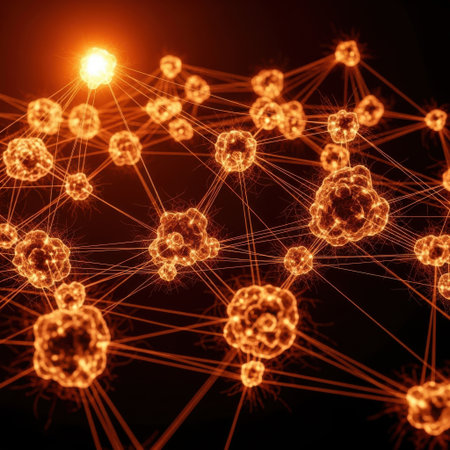 A complex web of illuminated spheres linked by thin, glowing threads creates a vibrant, energetic abstract composition.の素材