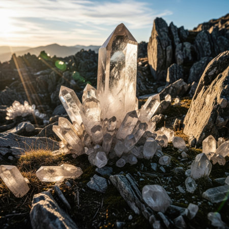 A large, clear quartz formation with many smaller crystals, bathed in warm, soft light against a rugged, rocky landscape at dawn or dusk.の素材