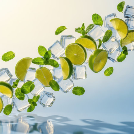 A vibrant composition of sliced limes and fresh mint leaves suspended mid-air with scattered ice cubes, creating a cool and invigorating visual.の素材