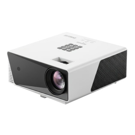 A white digital multimedia projector featuring a prominent lens and textured ventilation grilles, presented isolated on a clean white background.の素材