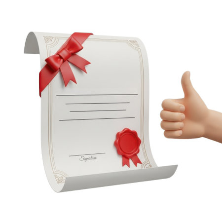 A diploma-style certificate, adorned with a festive red ribbon and an authentic wax seal, receives a confident thumbs-up gesture signifying achievement and official recognition.の素材