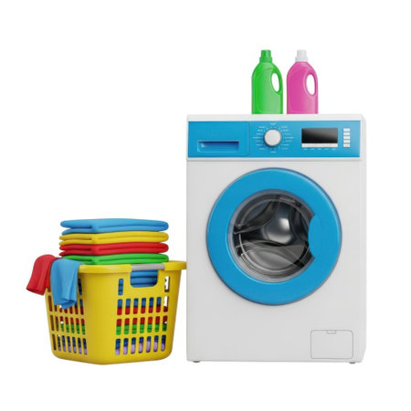 A front-loading washing machine with a blue trim stands beside a vibrant yellow laundry basket overflowing with folded colorful clothes and detergent bottles on top.の素材