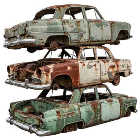 A striking composition of three vintage cars stacked atop each other. Each vehicle shows significant signs of decay, rust, and weathering, creating a powerful visual narrative of abandonment and the passage of time.の素材