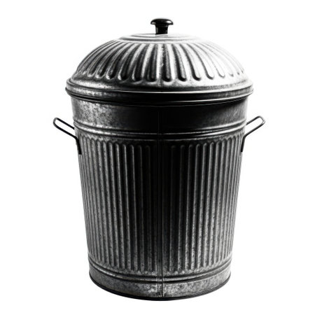 A close-up view of an antique metal trash can, featuring a ribbed design, a hinged lid, and two sturdy side handles, evoking a sense of nostalgia.の素材