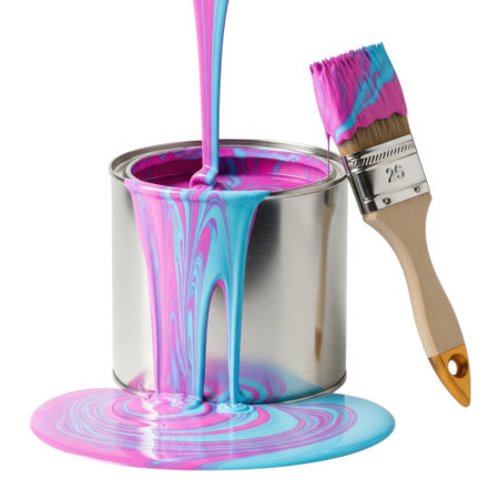 A dynamic and colorful scene as pink and turquoise paint dramatically spills from an open metal can. A paintbrush rests nearby, ready to create artistic expressions.の素材