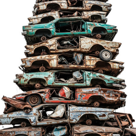 A visually striking vertical composition showcasing a massive pile of crushed and rusted vehicles. This unconventional art piece transforms automotive scrap into a monumental sculpture, highlighting industrial decay and creative repurposing.の素材