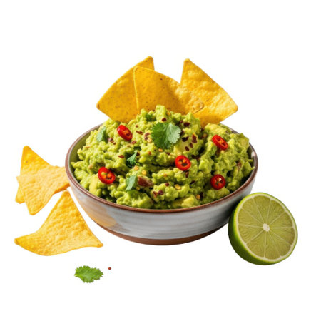 Enjoy a vibrant bowl of creamy, chunky guacamole, perfectly seasoned and garnished. Accompanied by crispy tortilla chips and a fresh lime wedge for a classic Mexican appetizer.の素材