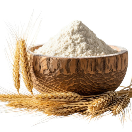 A rustic wooden bowl overflows with fine, natural wheat flour, accompanied by golden wheat stalks. Perfect for showcasing baking ingredients and wholesome food preparation.の素材