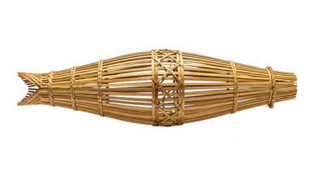 A detailed close-up of a small, intricately woven reed boat, reminiscent of ancient Mesopotamian watercraft. Its natural texture and construction highlight historical craftsmanship and maritime heritage.の素材