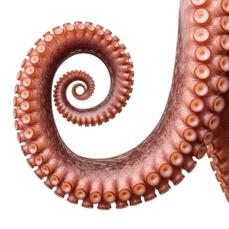 Intricate detail of a coiled octopus tentacle showcasing its texture and numerous suction cups. A fascinating glimpse into the anatomy of this intelligent marine creature.の素材