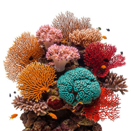A stunning close-up showcases a vibrant underwater coral reef ecosystem. Diverse coral species in vivid colors and textures create a rich habitat for small, colorful fish.の素材