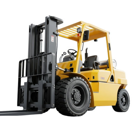 A bright yellow industrial forklift stands ready for work. This heavy-duty vehicle is essential for logistics, construction, and warehouse management, showcasing its robust design and operational readiness.の素材