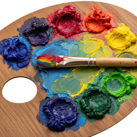 A close-up view of a wooden artist's palette, showcasing a rich array of vibrant oil paints. A paintbrush rests across the blended colors, hinting at a creative process in motion.の素材