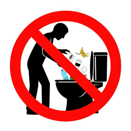 A clear prohibition symbol overlaying an image of a person pouring items into a toilet, emphasizing that certain actions are not permitted. Important waste disposal reminder.の素材