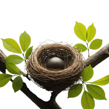 A serene close-up captures a small, intricately woven bird's nest cradling a single, pale egg. Lush green leaves frame the scene, hinting at new life and spring's arrival.の素材