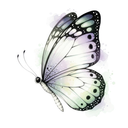 A single, beautifully rendered watercolor butterfly wing is showcased with delicate lines and soft coloration. Its ethereal wings feature subtle hints of green and black speckles, evoking a sense of natural artistry.の素材