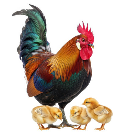 A vibrant rooster with rich plumage stands guard over three fluffy yellow chicks. This image captures the essence of farm life and maternal care, perfect for various agricultural and natural themes.の素材