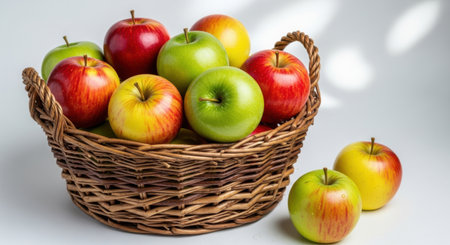 This image showcases a charming woven basket brimming with fresh, ripe apples. A mix of deep reds and bright greens creates a visually appealing display, with a few apples scattered beside the basket.の素材