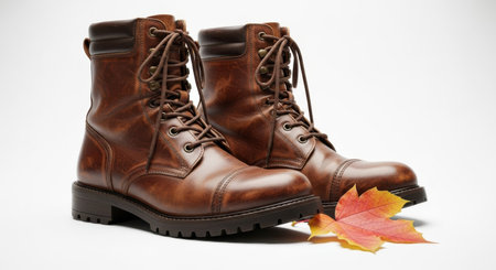 A pair of rich brown leather lace-up boots are showcased with a few colorful autumn leaves scattered at their base. This image highlights stylish footwear suitable for the fall season.の素材