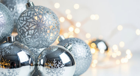 A festive and elegant close-up view of shimmering silver Christmas tree ornaments. The soft bokeh lights in the background add a magical and celebratory atmosphere, perfect for holiday decorations.の素材