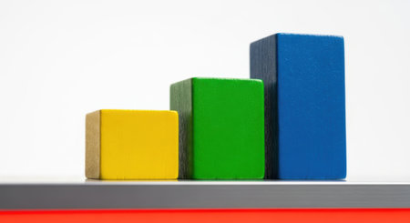 A visual representation of progress and development using three distinct blocks of varying heights and colors. The blocks are arranged in ascending order, symbolizing growth or increasing stages.の素材
