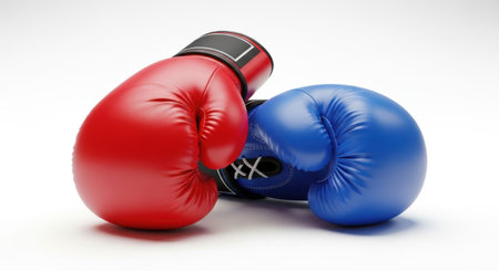 A striking image featuring a pair of boxing gloves, one red and one blue, positioned together. These gloves represent the intensity and spirit of boxing and combat sports.の素材