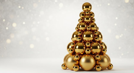 A striking Christmas tree sculpted entirely from golden ornaments of varying sizes. The glossy spheres are stacked and arranged to mimic the classic evergreen shape, creating a luxurious and festive display perfect for holiday decor inspiration.の素材