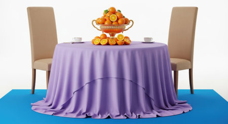 A round dining table draped in a soft purple tablecloth is adorned with a glass bowl overflowing with fresh oranges and lemons, set between two tall chairs. The scene is professionally lit against a clean, neutral backdrop.の素材