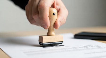A close-up shot captures a hand holding a wooden stamp as it presses down onto a document. This action signifies approval or authentication in an official or business context.の素材