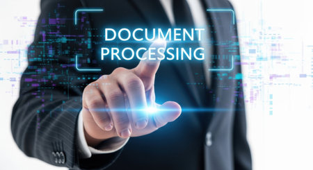 A close-up shot shows a person in a suit touching a glowing digital screen displaying the words 'DOCUMENT PROCESSING'. The interface suggests advanced technology and data management.の素材