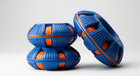 A studio shot featuring two colorful spherical objects, predominantly blue with vibrant orange accents. The objects exhibit a unique, textured surface and are arranged in a balanced composition against a neutral backdrop, highlighting their design.の素材