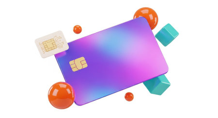 A visually striking holographic credit card is presented in a dynamic composition. It floats suspended in space, surrounded by a vibrant collection of abstract geometric shapes and spheres in various colors and textures, creating an energetic and modern aesthetic.の素材