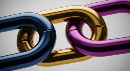This image features a detailed macro shot of three interlinked metallic chain segments. The links display a gradient of colors from deep blue to purple and gold, suggesting durability and a strong bond.の素材