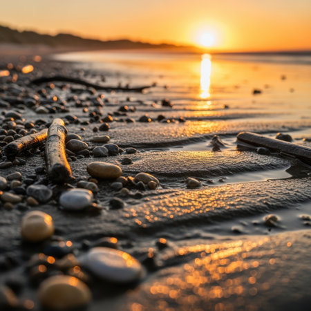 Experience the tranquil beauty of a beach at sunset. Golden hour light illuminates wet sand, pebbles, and driftwood, creating a peaceful and evocative scene of nature's artistry.の素材