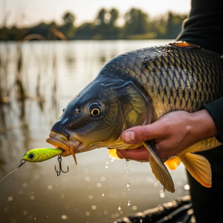 A close-up shot showcases a freshly caught carp with scales shimmering, held by a person wearing dark clothing. The fish has a bright yellow lure in its mouth, highlighting a successful fishing expedition by the water.の素材