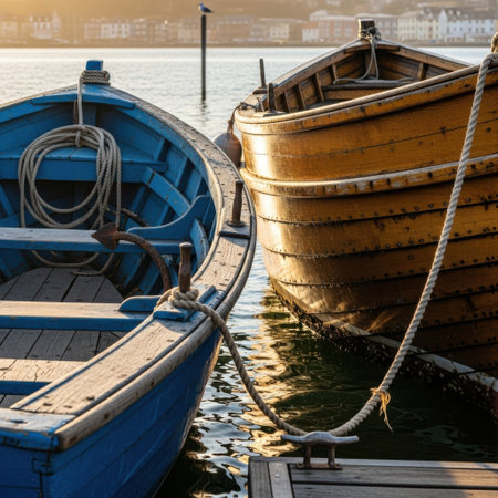 A close-up view of two weathered wooden rowboats, one painted blue and the other a natural wood tone, tied together at a dock. Sunlight glints on the tranquil water.の素材