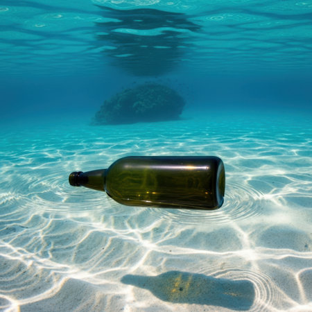 An empty glass bottle floats on a sandy seabed beneath clear turquoise ocean waters. Sunlight filters through the surface creating shimmering patterns on the sand below.の素材
