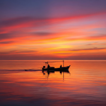 A small fishing boat glides across the calm water, its silhouette stark against the breathtaking hues of a fiery sunset. Peaceful ocean scape.の素材