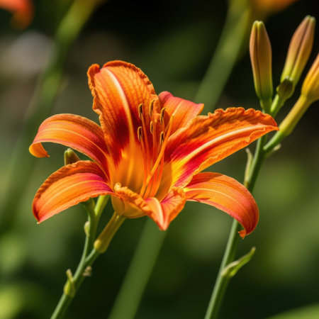 A stunning close-up of a fiery orange daylily in full bloom. Its petals are detailed and elegant, showcasing the natural beauty and vibrant colors of summer flora.の素材