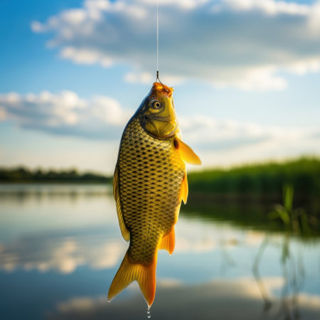 A vibrant, golden-scaled carp, caught on a fishing hook, hangs suspended against a backdrop of a serene lake and a partly cloudy sky. Captures the thrill of the catch.の素材