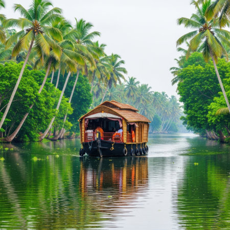 Experience the tranquility of Kerala's backwaters aboard a traditional houseboat. Lush palm trees and serene water create a picturesque tropical paradise ideal for relaxation and exploration.の素材