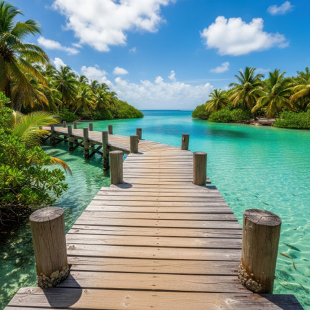 A wooden pier extends into crystal-clear turquoise water, flanked by vibrant green palm trees and lush vegetation under a bright blue sky with fluffy clouds.の素材