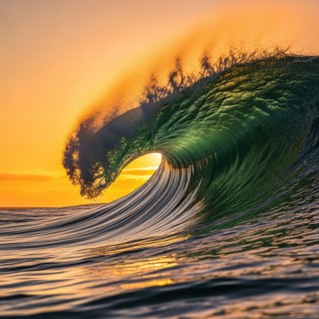 A powerful ocean wave curls and breaks during a vibrant sunset. The golden light illuminates the water, creating a breathtaking and dynamic coastal scene.の素材