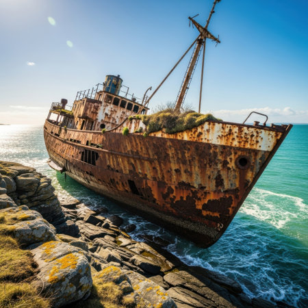 A weathered and rusted shipwreck rests precariously on a rocky shoreline. The vibrant blue sky and churning ocean water create a dramatic backdrop for this evocative maritime scene.の素材