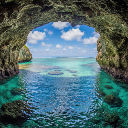 Experience the allure of nature's beauty as a cave opens to reveal a breathtaking view of a tropical ocean. Crystal-clear turquoise waters meet a serene sky, inviting exploration and wonder.の素材