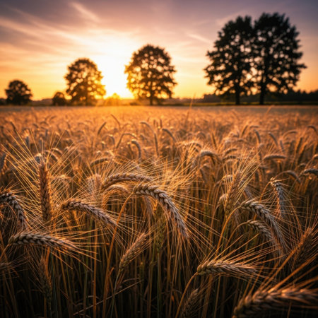 A breathtaking view of a wheat field glowing under the golden hues of a setting sun. Tall trees are silhouetted against the vibrant sky, creating a picturesque rural landscape.の素材