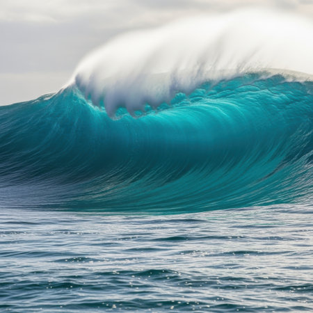 A powerful ocean wave with translucent turquoise water barrels and breaks, showcasing the raw beauty and energy of the sea. White foam crests the wave.の素材