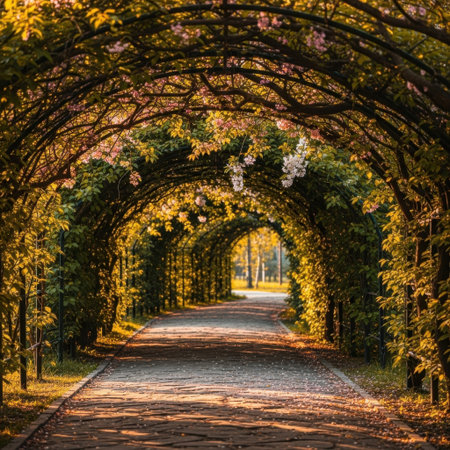 A picturesque stone path winds through a breathtaking tunnel formed by entwined branches, lush green foliage, and vibrant autumn leaves, creating a magical walkway.の素材
