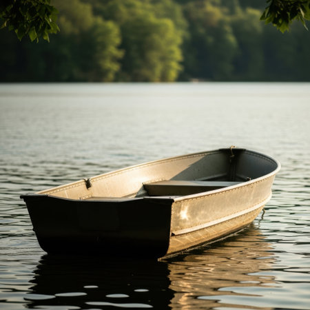 A lone metal rowboat floats peacefully on the still surface of a lake. Gentle ripples surround the boat, with a vibrant green forest and sky visible in the background.の素材